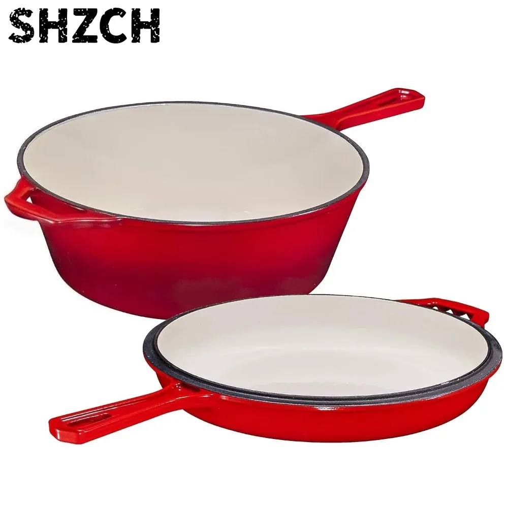Dutch Oven Enamel - 2-in-1 Cast Iron Enamel Oven with